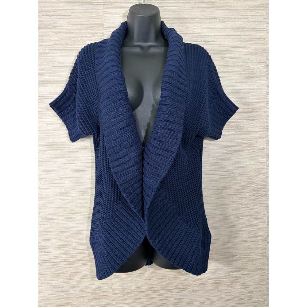 Alice + Olivia Chunky Knit Shawl Cardigan Women Navy Blue Short Sleeve Cotton